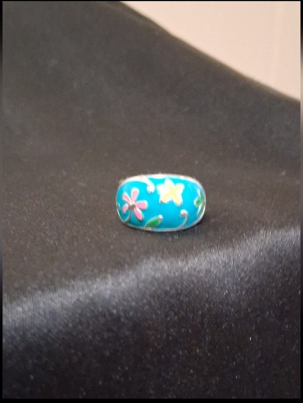 Turquoise Blue Floral Enamel Cloissoné Dome Ring - Silver - 6½